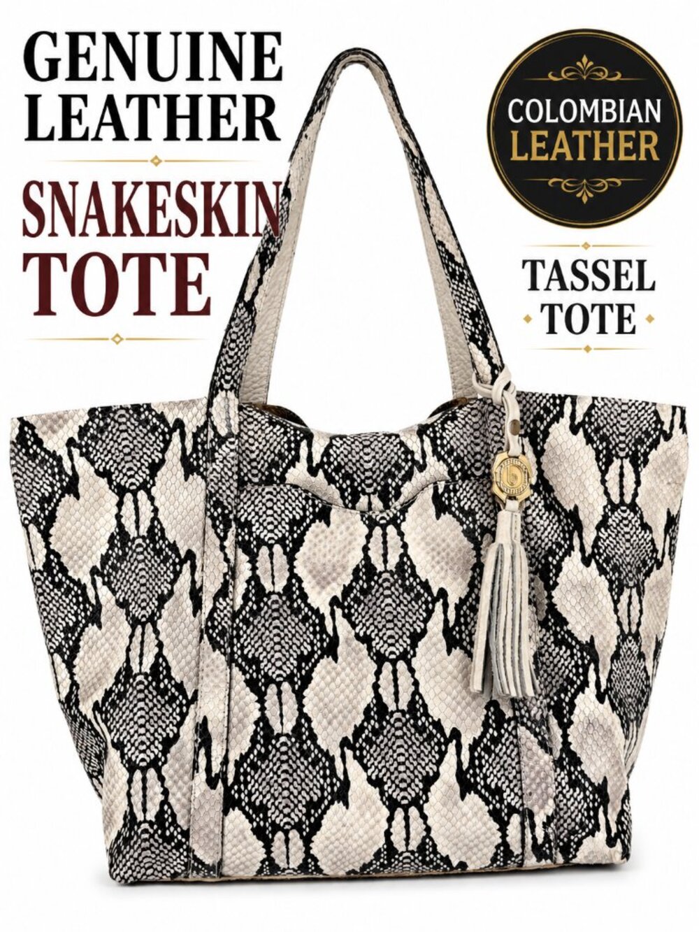 🐍 Chic Snakeskin Leather Tote Bag Cream Black Tassel Shoulder Bag